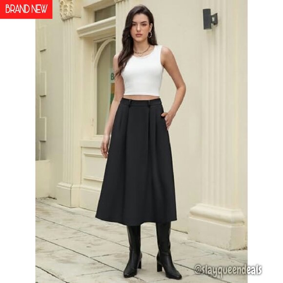 High Waisted Midi Skirt A-Line Pleated Work Skirt with Pockets - Picture 4 of 8